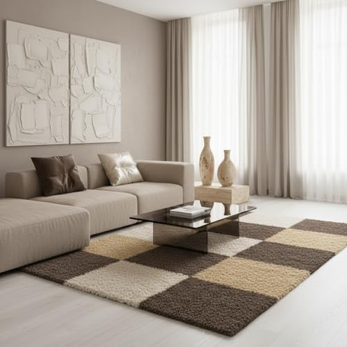 KADIMA DESIGN Hochflor-Teppich Wohnzimmer weich kariert Mokka 120x170 cm | Oberseite 100 % Polypropylen, 30 mm Florhöhe, ca. 2.000 g/m², 48.500 Punkte/m², gekettelte Kanten, OEKO-TEX Standard 100