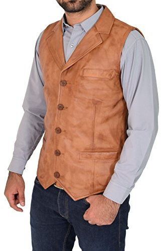 Mens Genuine Soft Tan Leather Waistcoat Revere Collar Gilet Classic Western Vest Yelek - Rhys