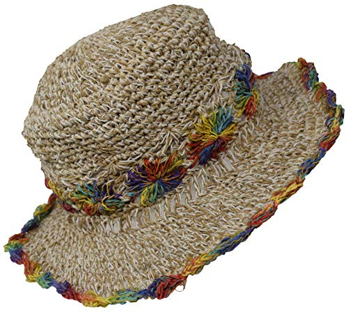 Gheri Hemp Cotton Straw Sun Hat Panama Wide Brim Summer Holiday Colorful Rainbow M