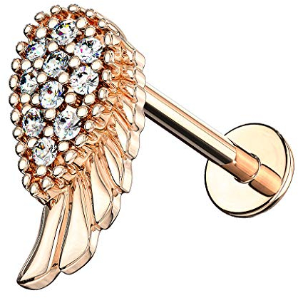Piersando Ohr-Piercing 316 L Chirurgenstahl mit Kristall Glitzer Stein Tragus Helix Labret Lippe Knorpel Stab Stecker Engelsflügel Rosegold Rose 6mm