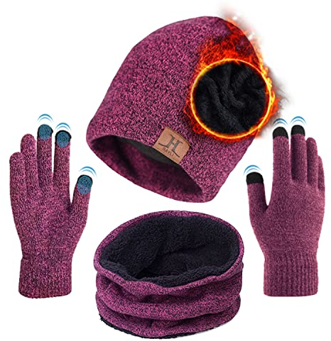 TMEOG Mütze Herren Damen Wintermütze Schal Handschuh Set, Beanie Strickmütze Haube Winter Loop Schal mit Fleecefutter Touchscreen Handschuhe Warme Mütze Schal Handschuh Sets für Herren Damen(Rose Rot)