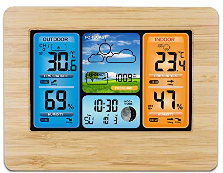 Wetterstation Funk mit Außensensor für Innen und Außen,Digital Thermometer Hygrometer mit Wettervorhersage,Datum und Uhrzeit, farbiges Display mit Hintergrundbeleuchtung