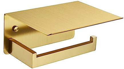 Toilet Paper Holder with Shelf Brushed Gold, APLusee SUS 304 Stainless Steel Modern Bathroom Accessories Tissue Roll Dispenser Storage