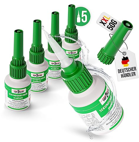 50g Sekundenkleber hochfest mittelviskos - extra starker Cyanacrylat Kleber - wasserfest, Aquarium Pflanzen geeignet, hitzebeständig, Industriequalität - Spezial Verschluss Top2Glue (5 Flaschen)