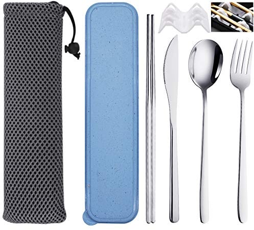 SITAKE 4 Piezas de Cubiertos para Llevar, Cubiertos Camping de Acero Inoxidable con Estuche y Bolsa de Almacenamiento, Juego de Palillos de Cuchillo, Tenedor y Cuchara para Oficina (Color-D)