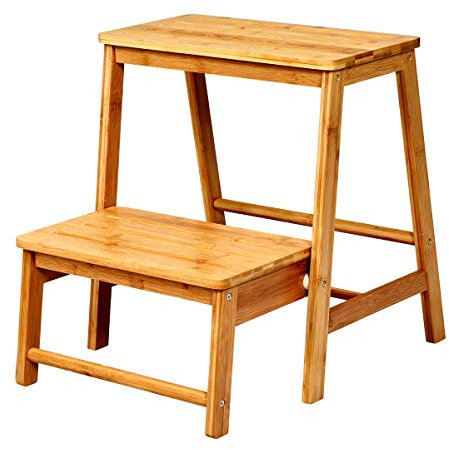 GOPLUS Escabeau Pliable à 2 Marches avec Levier Basculant, Tabouret Multifonctionnel en Bambou Antidérapant et Résistant, Idéal pour Maison ou Bureau, 45 x 51 x 48CM, Charge Max 100 KG (Naturel)