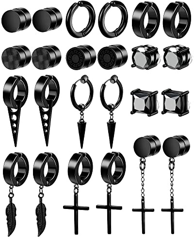 ONESING 12 Pairs Black Magnetic Earrings: Clip On, Hoop & Dangle Designs - Non-Piercing Set for Men & Women