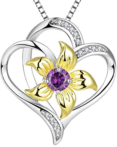 YL Collier Coeur Argent 925 couper Février Pierres de Naissance Améthyste Pendentif Amour Fleur de Lys pour Femme, Chaîne 45+3CM