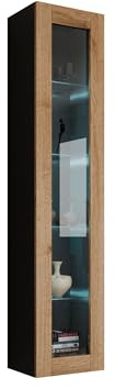 Mirjan24 Hängevitrine Vigo Glas 180, Vitrine mit Glasböden, Vitrinenschrank, Stauraumvitrine, Hochschrank, Wohnzimmer Schrank (Schwarz/Eiche Wotan, mit RGB LED Beleuchtung)