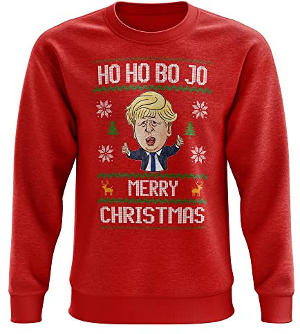 Purple Print House Ho Ho Bo Jo Boris Johnson Funny Christmas Sweatshirt, Novelty Christmas Jumpers for Men, Tories Unisex Office Party Tee Top Novelty TV Xmas Gifts, M, Red