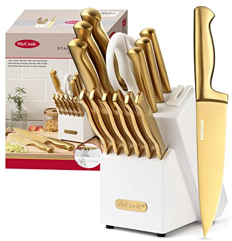 McCook® - Juego de cuchillos de cocina de acero inoxidable de titanio dorado con afilador integrado