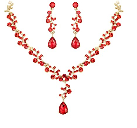 Clearine Halskette Ohrringe Set Hochzeit Braut Blatt Kristall schmuck-Set Rubin-Rot Silber-Tone