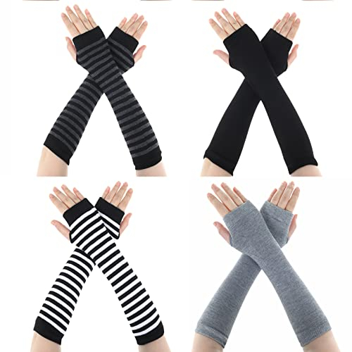 WLLHYF Fingerlose Handschuhe Cosplay Armstulpen 4 Paar Kawaii Schwarz Lange Länge Ellenbogen Warme Beinstulpen Ärmel Gestreift Gothic Outfit Mode Goth Kleidung Herbst Winter Accessoires für Frauen