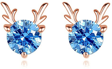 Cangall Silber Weihnachten Ohrringe Damen, 925 Sterling Silber Weihnachts Ohrstecker, 8mm Süße Schlafen Knorpel Elch Ohrstecker mit Blau Zirkonia, Rose Gold Damen Elch Zirkonia Ohrstecker zum Winter