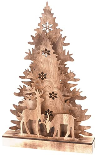 Muddy Hands Wooden LED Light Up Christmas Decoration - Rustic Lighted Christmas Tree with Reindeer Scene, Battery Operated Warm White Lights, Festive Holiday Ornament for Home, Mantel & Table Display