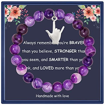 PARTNER I Love You Hand Sign Language Charm Bracelet Sign Language Gift Interpreter Gift ASL Jewelry Gift for Deaf, Stone, Amethyst