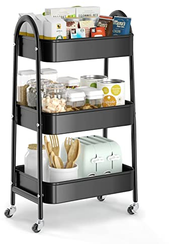 EAGMAK 3 Tier Metal Storage Trolley, Utility Rolling Cart with Handle and Lockable Wheels, Multifunctional Storage Organizer Trolley with Mesh Baskets for Kitchen, Living Room, Office, Garage (Black)