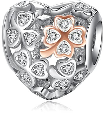 Amuefer Trifoglio Cuore Charm Compatibili Bracciale Collana, Argento Oro Rosa Sterling Ciondolo Natale Gioielli Regali per le Donne Ragazza Moglie Bambini Amici