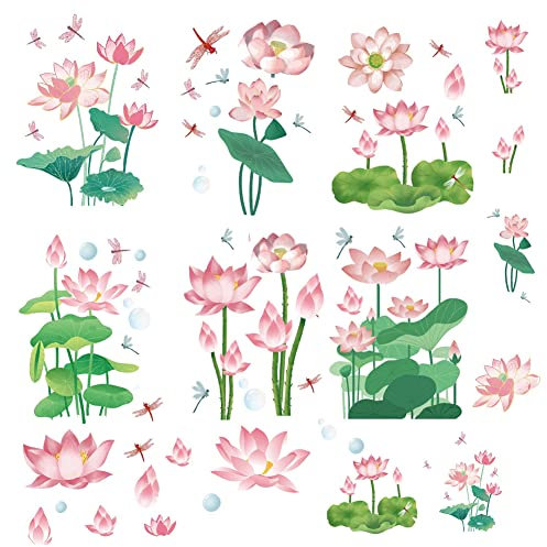 CRASPIRE Calcomanías de Pared de Loto Pegatinas de Flores Pegatinas de Ventana de Hojas de Loto Arte de Pared de Vinilo Removible Impermeable para Baño Dormitorio Sala de Estar Decoraciones