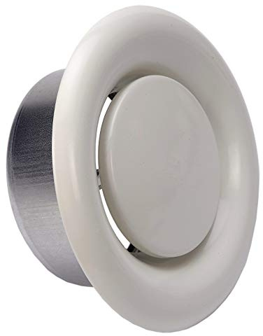 DEMLOU Válvula de Disco Regulable Ø150 mm, Difusor de Aire Metálico Blanco. | Acero galvanizado blanco RAL 9010, flujo regulable de entrada o salida; para tubo Ø150 mm en techo o pared.