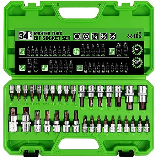 SWANLAKE - Juego de 34 llaves de vaso Master TORX de acero de aleación S2, estrella sólida y a prueba de manipulaciones T6 ~ T70