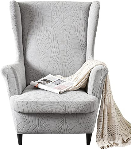 MIFXIN Wingback Chair Slipcover 2 Piece Stretch Wing Back Chair Cover with Cushion Cover Soft Washable Armchair Furniture Protector for Living Room Bedroom (Jacquard Light Grey)