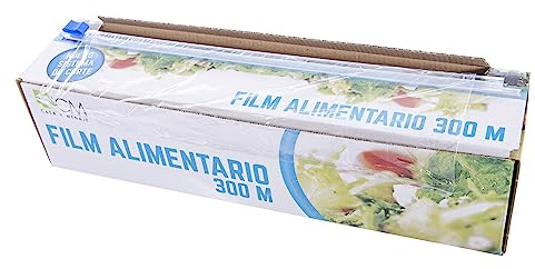 Rollo Film uso alimentario 30cm ancho x 300 metros, Bobina estirable con caja y cuchilla corta fácil, transparente para cocina, restaurante, bar, hostelería y catering (1 unidad)