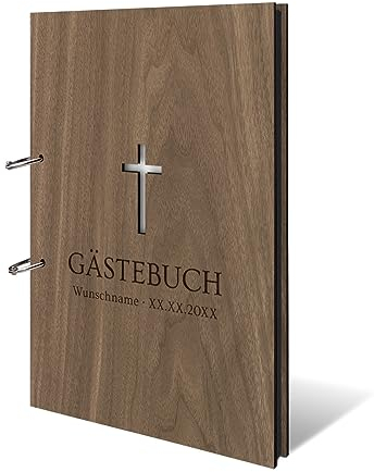 Personalisiertes Fotoalbum Taufe Konfirmation Kommunion echtes Holz DIN A4 Kondolenzbuch mit Lasergravur - Kreuz - mit 25 Blatt / 50 Seiten Fotokarton Schwarz