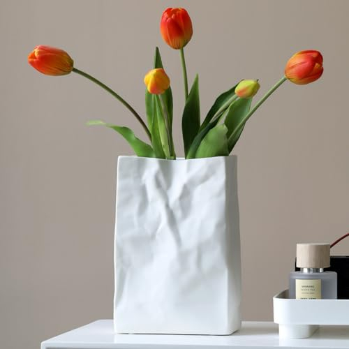 Pumtus Crinkle Papiertüte, Keramikvase, 20 cm, quadratisch, breite Öffnung, plissiert, einzigartig, weiß, matt, minimalistisch, Boho, für Blumenarrangement, Tischdekoration, Heimbüro, Bücherregal