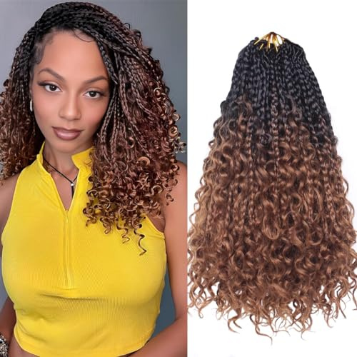 Xtrend 10Inch 8Packs Ombre Boho Box Braids Crochet Hair with Curly Ends 14strands/pack Pre Looped Bohemian Messy Goddess Box Braids Hair Extensions Synthetic Bob Goddess Locs Hair T30#…