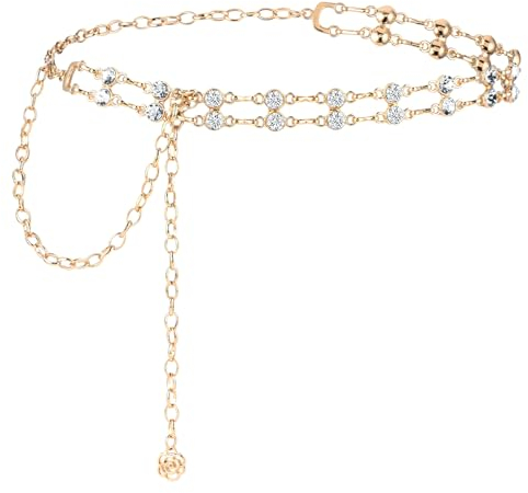 Amaxiu Damen Strass Kettengürtel für Kleid, Blumen Metall Taillengürtel verstellbarer Kristallgürtel schmales Hochzeits Taillenband(Gold)