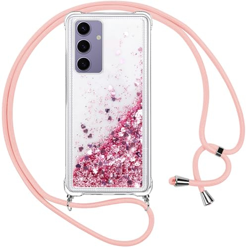 Vauki Coque pour Samsung Galaxy S24 avec Cordon, Paillette Liquide Transparent Crystal Glitter Housse, Protection Antichoc Silicone Souple TPU Bumper Case,Réglable Collier pour Samsung S24, Rose