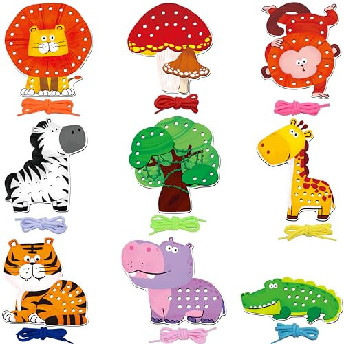 9 Schnürkarten: Beidseitig bedruckte Nähkarten mit 9 Dschungeltiermotiven und 9 bunten Schnürsenkeln, Spielzeug zur Förderung der Vorstellungskraft für Vorschulkinder