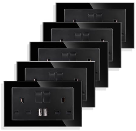 JIMEIDA 5 Pack Black Double Switched Socket 13 Amp Glass Panel with 2 USB Charging Ports Crystal Wall Outlet Electric Power Socket