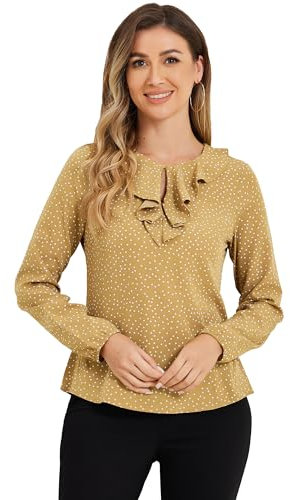 Allegra K Women's Ruffle Neck Long Sleeve Vintage Polka Dots Blouse Shirt Khaki-Dots XL