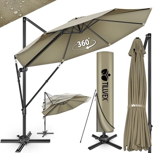 tillvex® Sombrilla Premium 330cm con manivela, cubierta y protección contra el viento, 6 posiciones ajustable con manivela, Parasol de jardín giratoria 360° & inclinable