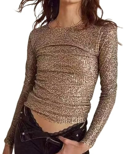 YILEEGOO Women's Long Sleeve Sequin Tops Party Shimmer Embellished Shirt Crew Neck Sparkle Glitter Slim Fit Crop Top Blouse (Gold, M)