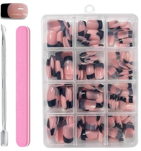 240 PCS Short French Tip False Nails Black Press On, Full Cover Stick On Nails Ballerina Nail Art With Nail-File, Cuticle Pusher For Salon DIY Decoration