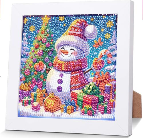 Christmas Snowman Diamond Art Kits Kids with Frame-Christmas Diamond Art for Kids,Snowman Full Drill Xmas Gem Art Kits Kids for Beginners,Girls,Boys,Children Ages 6-7-8-9-12(7x7inch)