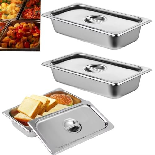 ORFCP 3 Stück Behälter 1/3 Edelstahl mit Deckel, Panierschalen Set 3-teilig, Warmhaltebehälter Essen Gastronormbehälter aus Edelstahl, Hitzebeständiger Gastro Behälter, 32,6 x 17,8 x 6,5 cm