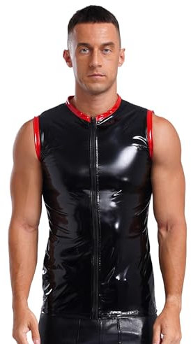 Freebily Herren Wetlook Tank Top Ärmellose Glanz PU Leder Shirt Lack-Optik Weste Top Mit Reißverschluss Gogo Party Clubwear Oberteil Schwarz L