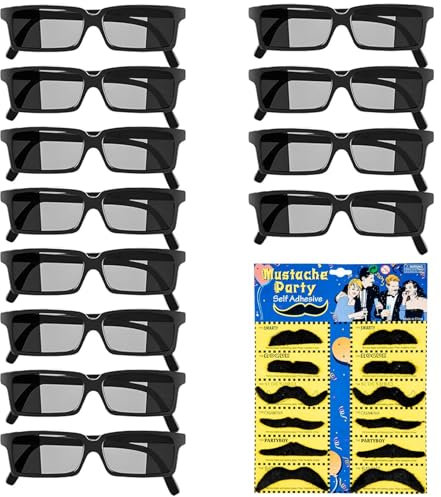 Idota Agentenbrillen Rückansicht Agent Brille, 12 Stück Detektiv Brille+12 Selbstklebende Künstliche Schnurrbärte, Spy Brille Partybrillen Spionagebrille für Kinder und Erwachsene Geburtstagsfeier
