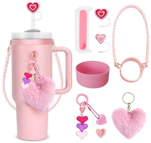 XPHZZL Stanley Cup Accessories Set - 8PCS Decor, Includes Splash Cover, Coaster, Straw Cover, Water Bottle Strap, Charms for 40oz & 30oz Tumbler - Pink