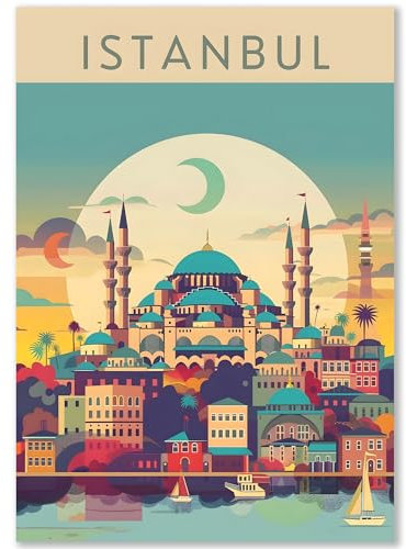 Happymotive Städteposter | Istanbul Retro Poster Vintage | Schlafzimmer Deko Bild im Hochformat | Bilder Wohnzimmer | Kunstdrucke in A2 40x60, A3 30x40, A4 20x30 300g Papier ohne Rahmen