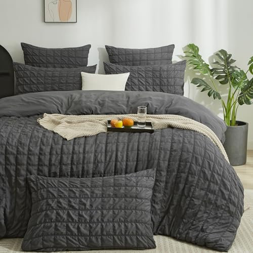 Boqingzhu Bettwäsche Grau 135x200cm Seersucker Sommer Atmungsaktiv Kühlende Wende Bettwäsche Set Bettbezug 135x200cm und Kissenbezug 80x80cm mit Reißverschluss