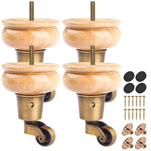 Lot de 4 pieds de meubles en bois massif avec roulettes, pieds de rechange tournés pour fauteuil, ottoman, fauteuil inclinable, repose-pieds de 10,2 cm, boulon M8 pré-percé et plaque de montage inclus