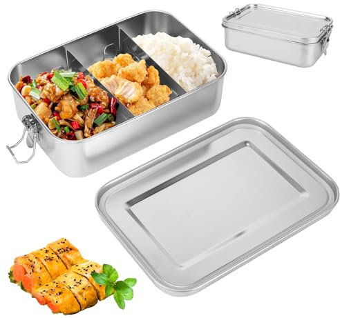 ALLOMN Stainless Steel Lunch Box, 1400ml Large Metal Bento Box with 2 Compartments Leakproof Food Sandwich Salad Storage Container for Kids Adults, Portable Lunchbox for Camping Travel School Work