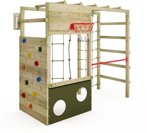 Fatmoose Klettergerüst Spielturm CleverClimber Club XXL, Outdoor Kinder Kletterturm mit Reckstange, Kletternetz, Basketballkorb, Kletterseil & Kletterwand für den Garten - olivgrün