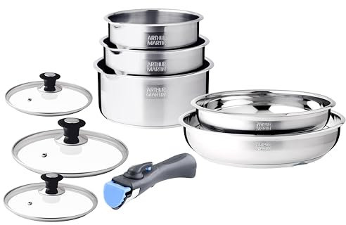 Arthur Martin, Set de Cuisine 10 pièces en Acier Inoxydable - 2 Poêles (24-26 cm), 3 Casseroles (16-18-20 cm), 3 Couvercles en Verre, 1 Ustensile en Nylon, Tous Feux Induction, Pratique et Ergonomique