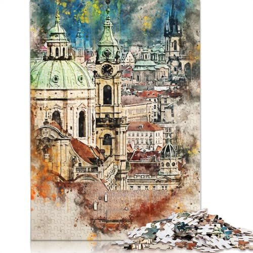 1000 Teile Prag in Aquarell für Erwachsene, schwierige Puzzles, Holzpuzzles für Teenager, Geschenke, Heimdekoration, Puzzlespielzeug, 1000 Stück (75 x 50 cm)
